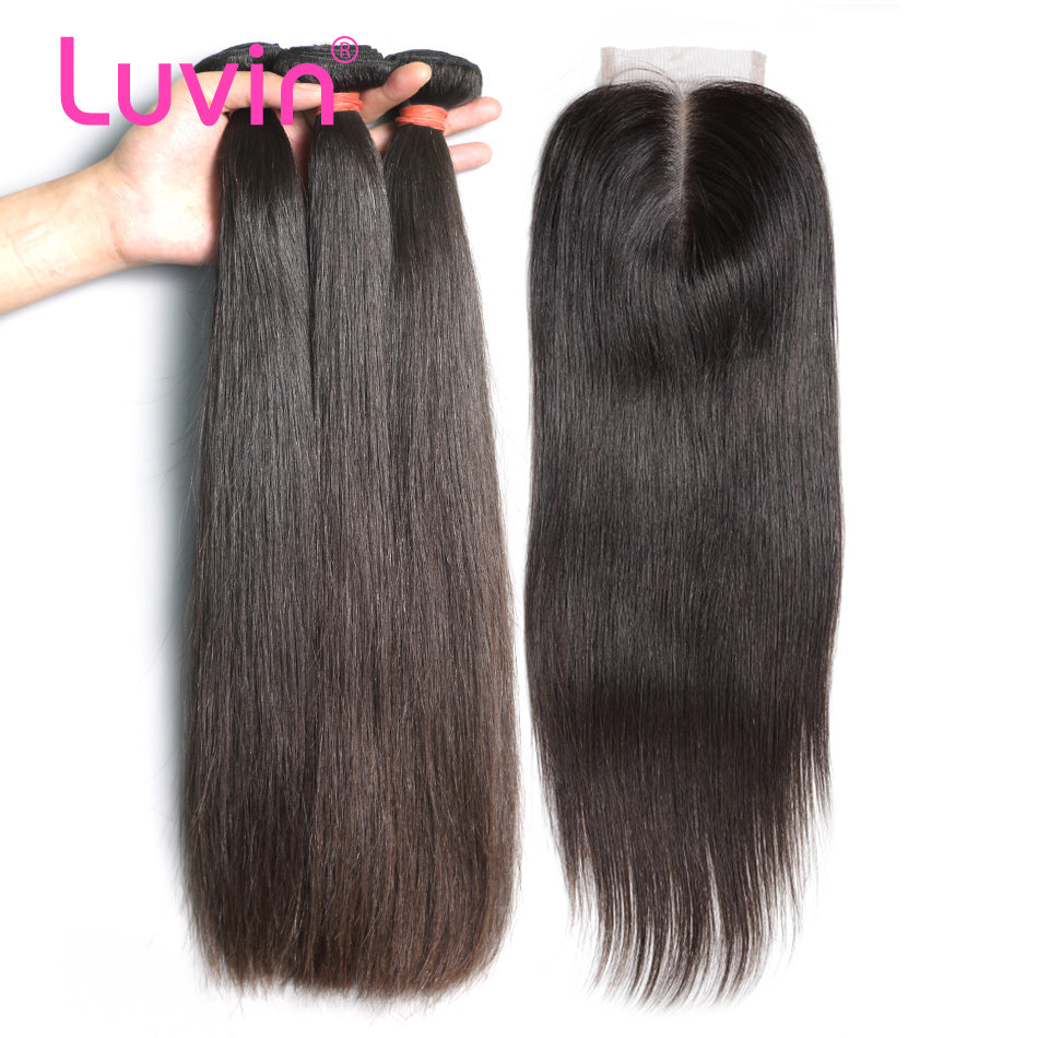 Luvin Peruvian Straight Human Hair 3 Bundles With Closure Middle Part Remy Hair 4x4 Lace Closure Total 4PCS/Lot Free Shipping