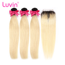 Load image into Gallery viewer, Luvin Ombre Blonde 3/4bundles with closure Brazilian Straight Hair 100% Remy Human Hair Weave Bundles Color T#1B/#613 Dark Roots
