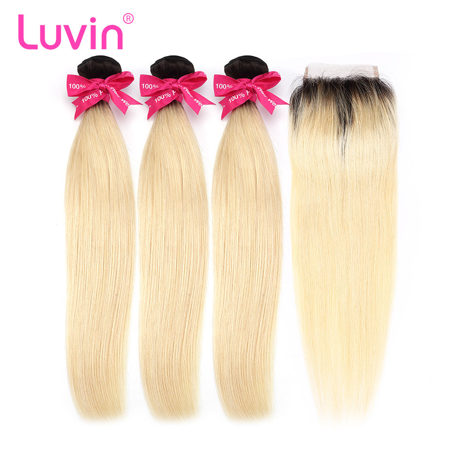 Luvin Ombre Blonde 3/4bundles with closure Brazilian Straight Hair 100% Remy Human Hair Weave Bundles Color T#1B/#613 Dark Roots
