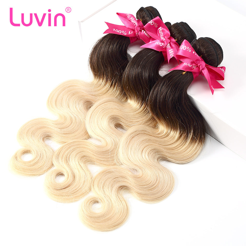 Luvin Ombre Blonde 3/4 bundles with closure Brazilian Hair Body Wave 100% Remy Human Hair Weave Bundles Color T#1B/#613