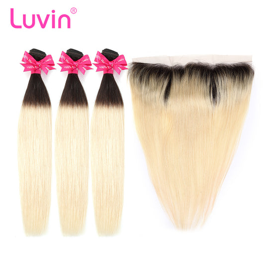 Luvin 613 Blonde Straight Brazilian Hair Weave Human Hair Bundles With Closure 3 Bundles Remy Hair and 1PC Lace Frontal Closure