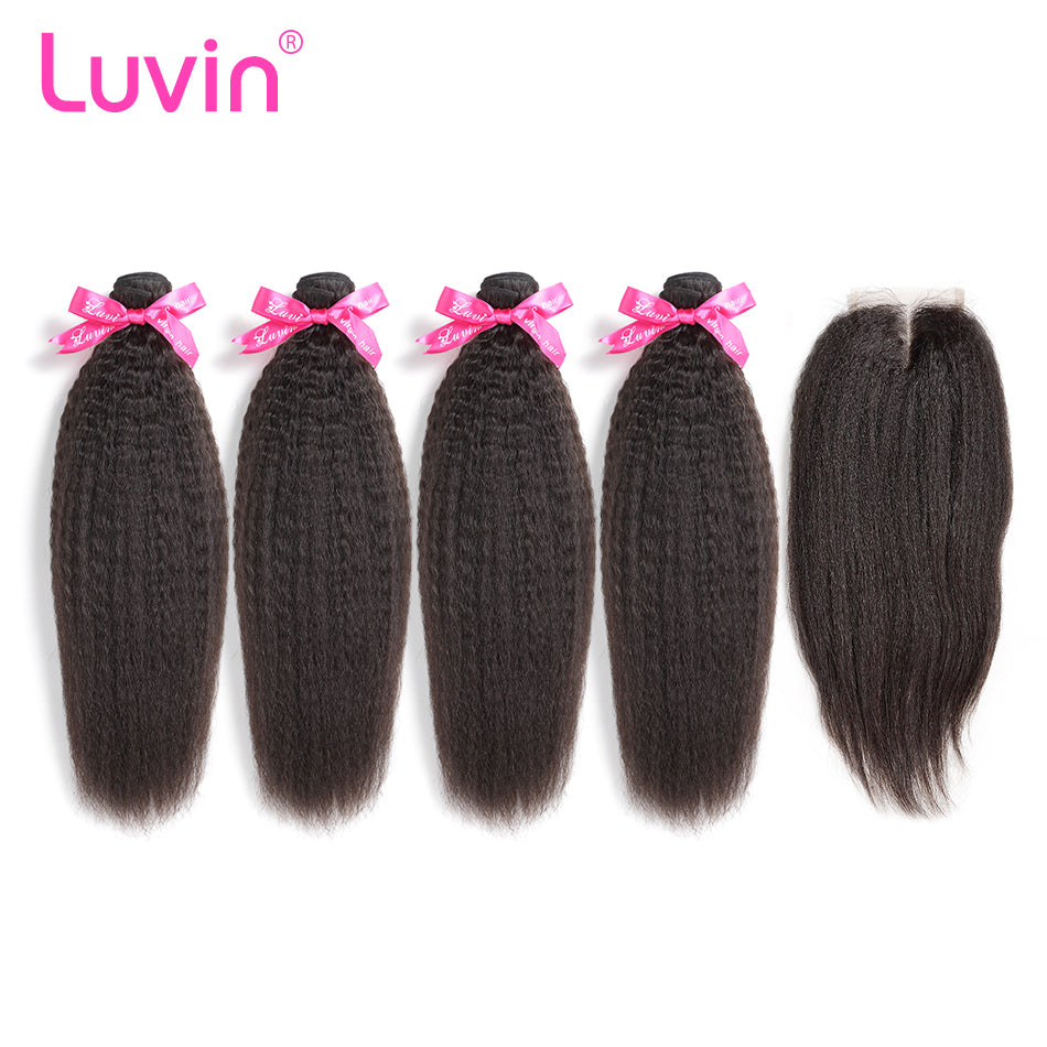 Luvin Brazilian Kinky Straight Hair 4 Bundles With Closure 100% Human Hair Bundles Weave With Lace Closure Coarse Yaki Hair Weft