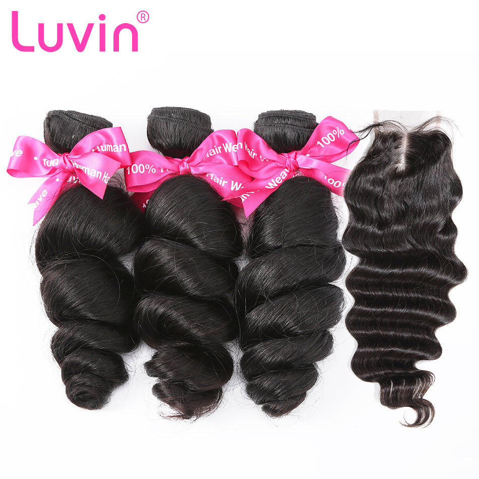 Luvin Brazilian Hair Weave 3 4 Bundles With Closure Loose Wave 100% Virgin Human Hair 4x4 Lace Closure Bleached Knots