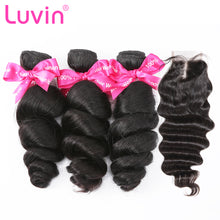 Load image into Gallery viewer, Luvin Brazilian Hair Weave 3 4 Bundles With Closure Loose Wave 100% Virgin Human Hair 4x4 Lace Closure Bleached Knots
