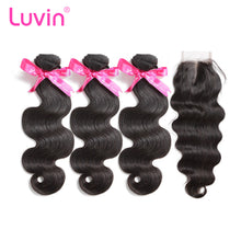 Load image into Gallery viewer, Luvin Brazilian Hair Weave 3 4 Bundles With Closure Body Wave 100% Virgin Human Hair 4x4 Lace Closure Bleached Knots
