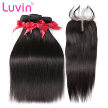 Load image into Gallery viewer, Luvin Brazilian Hair Weave 3 4 Bundles With Closure Straight 100% Virgin Human Hair 4x4 Lace Closure Bleached Knots
