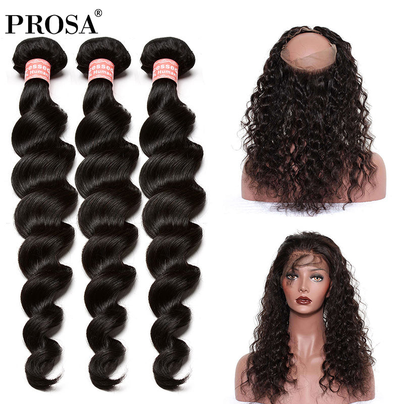 Pre Plucked 360 Lace Frontal Closure With Bundle 3 Loose Wave Brazilian Virgin Human Hair Weaving Hair Extensions Prosa