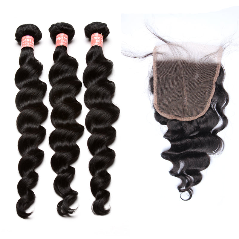 3Pcs Loose Wave Human Hair Bundles With Closure 4Pcs Brazilian Hair Weave Bundles With Closure 5x5 Free Part Prosa Remy
