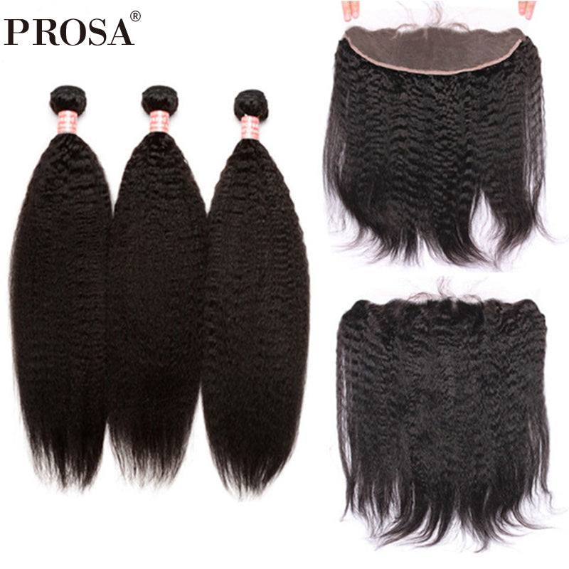 3 Kinky Straight Human Hair Bundles With Lace Frontal Closure 13x4 Brazilian Hair Weave Bundles With Closure Remy Prosa Hair