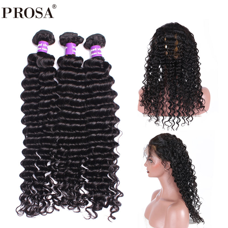 Deep Wave 360 Lace Frontal Closures With Bundles Brazilian Human Hair Weave Bundle Pre Plucked With Baby HairProsa Remy