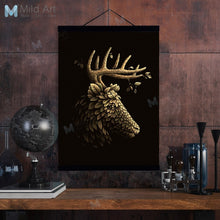 Load image into Gallery viewer, Vintage Gold Leaf Statue Deer Wooden Framed Posters And Prints Abstract Scroll Wall Art Pictures Retro Home Deco Canvas Painting
