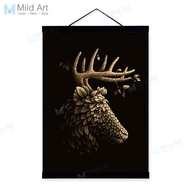 Vintage Gold Leaf Statue Deer Wooden Framed Posters And Prints Abstract Scroll Wall Art Pictures Retro Home Deco Canvas Painting