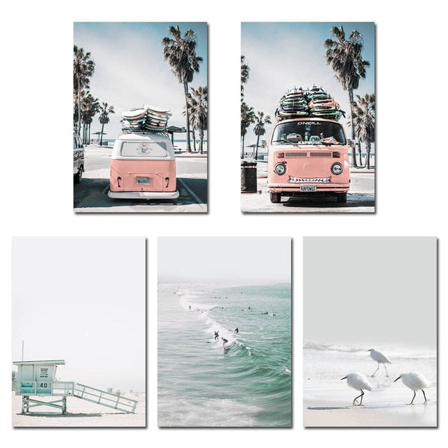 Scandinavian Tropical Landscape Posters Modern Prints Sea Beach Bus Wall Art Canvas