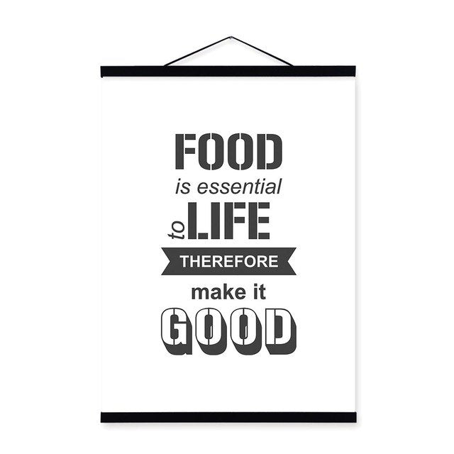 Black and White Food Family Love Quotes Wooden Framed Posters Prints Nordic Kitchen Cafe Scroll Wall Art Picture Canvas Painting