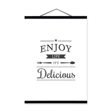 Load image into Gallery viewer, Black and White Food Family Love Quotes Wooden Framed Posters Prints Nordic Kitchen Cafe Scroll Wall Art Picture Canvas Painting
