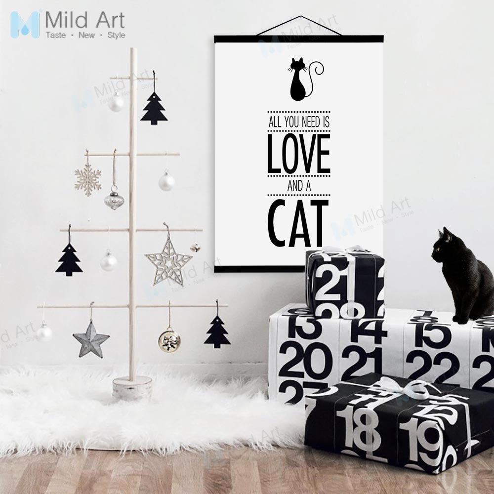 Black White Cat Love Quote Typography Wooden Framed Poster Nordic Living Room Wall Art Picture Home Decor Canvas Painting Scroll