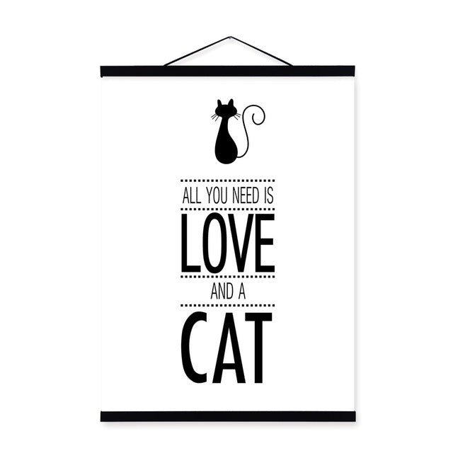 Black White Cat Love Quote Typography Wooden Framed Poster Nordic Living Room Wall Art Picture Home Decor Canvas Painting Scroll