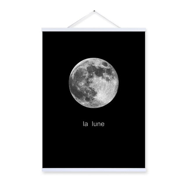 Black White Minimalist Moon French Typography Wooden Framed Posters Nordic Wall Art Pictures Home Decor Canvas Paintings Scroll