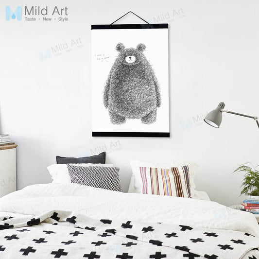 Black White Kawaii Bear Wooden Framed Hanger Posters Nordic Kids Baby Room Wall Art Pictures Home Decor Canvas Paintings Scroll