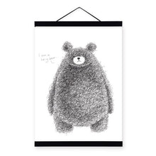 Load image into Gallery viewer, Black White Kawaii Bear Wooden Framed Hanger Posters Nordic Kids Baby Room Wall Art Pictures Home Decor Canvas Paintings Scroll
