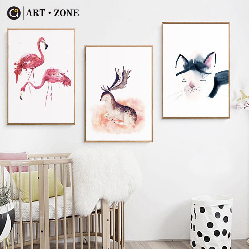 Nordic Style Kids Canvas Painting Cartoon Animal Art Wall Flamingo Cat Elk A4 Posters