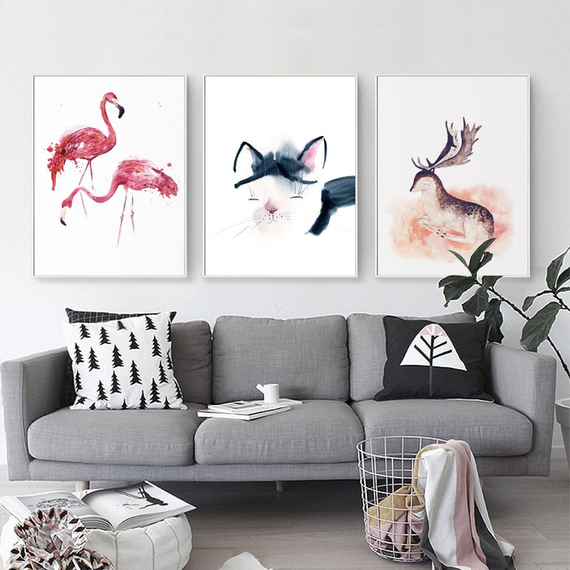 Nordic Style Kids Canvas Painting Cartoon Animal Art Wall Flamingo Cat Elk A4 Posters