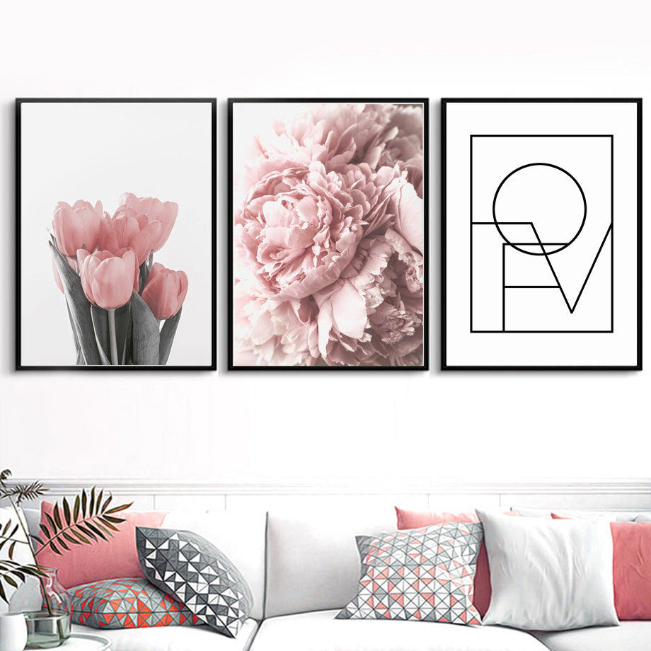 Pink Peony Tulips Rose Flower Wall Art Canvas Painting Nordic Minimalism Posters