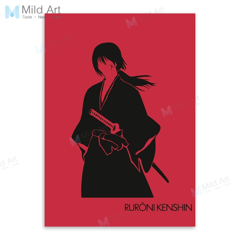 Red Japanese Anime Rurouni Kenshin Samurai Wooden Framed Poster Boy Game Room Wall Art Picture Home Decor Canvas Painting Scroll