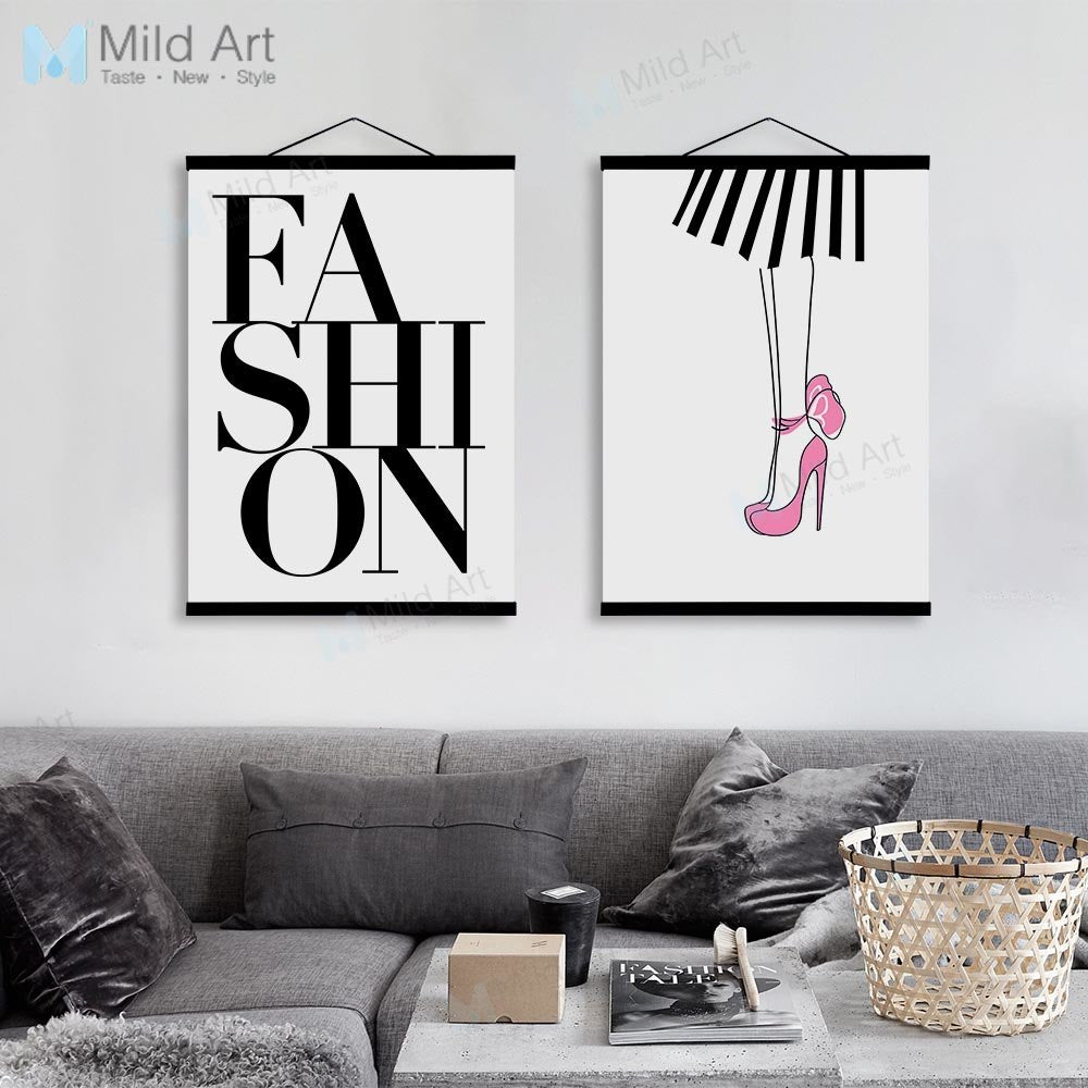 Minimalist Fashion High Heels Typography Wooden Framed Posters Scandinavian Girl Room Wall Art Home Decor Canvas Painting Scroll