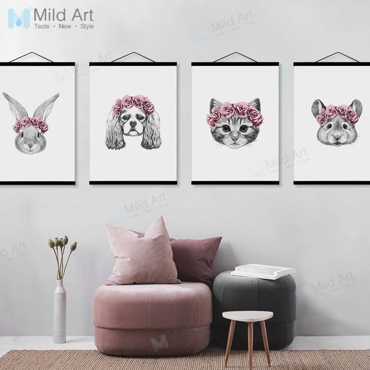 Pink Rose Flower Animal Head Cat Rabbit Face Wooden Framed Poster Print Nordic Home Deco Wall Art Picture Canvas Painting Scroll