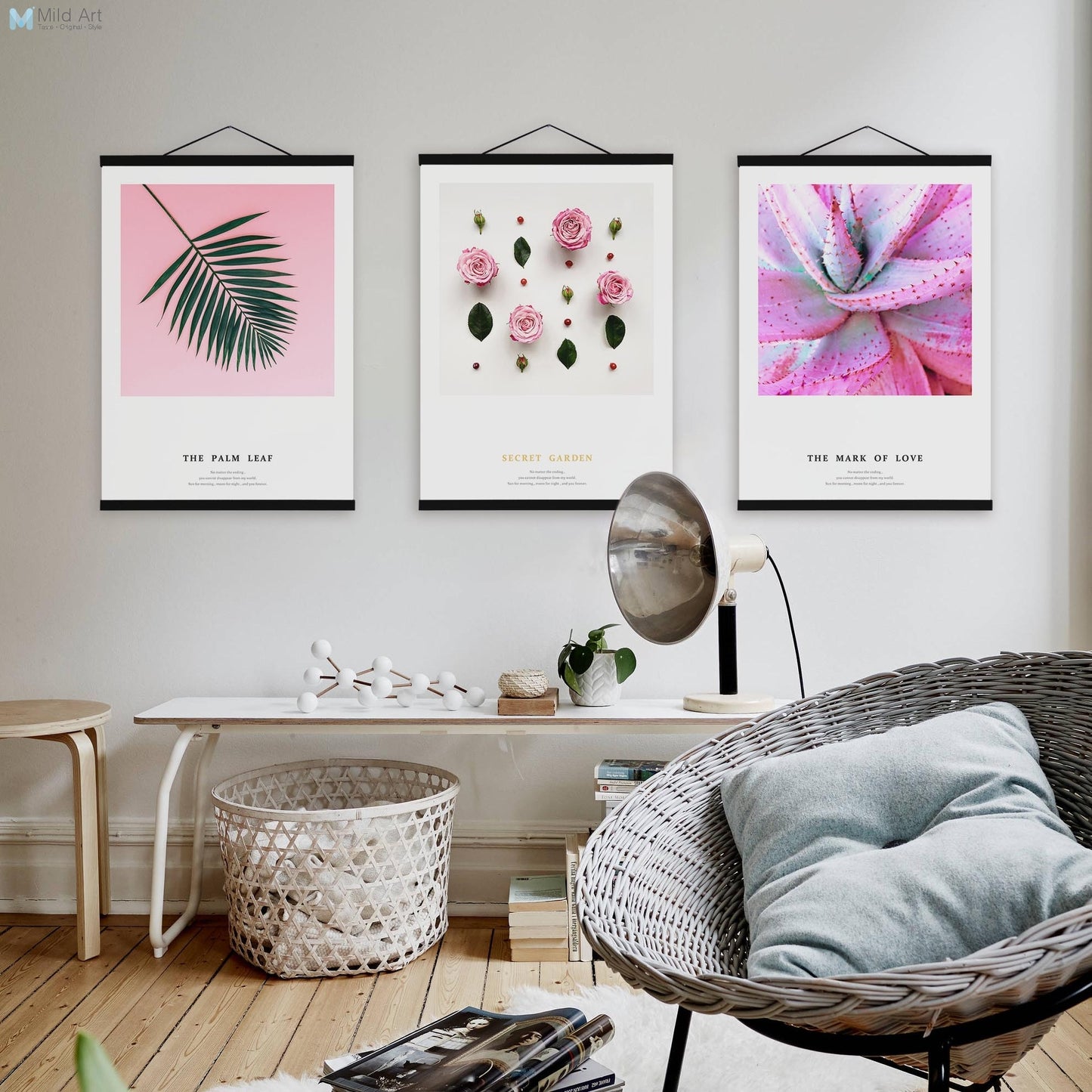 Flower Pink Rose Cactus Leaf Poster Wooden Framed Nordic Romantic Girls Room Wall Art Picture Home Decor Canvas Painting Scroll