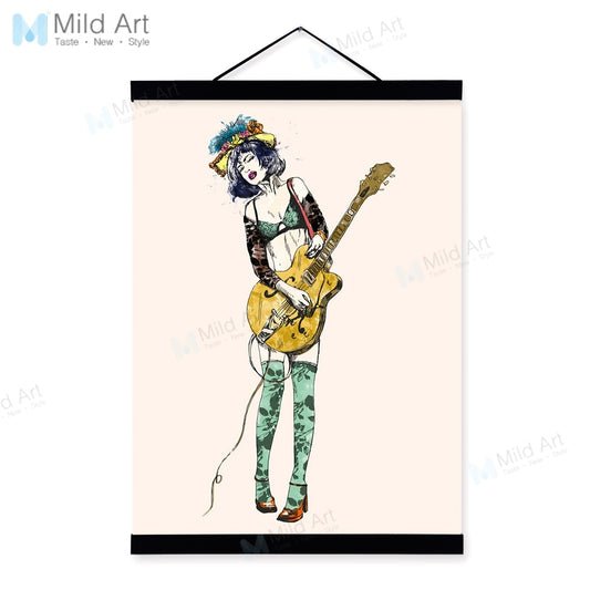 Vintage Retro Rock Roll Music Guitar Girl Wooden Framed Poster Living Room Wall Art Picture Bar Home Deco Canvas Painting Scroll
