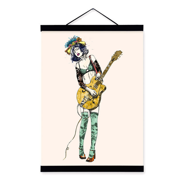 Vintage Retro Rock Roll Music Guitar Girl Wooden Framed Poster Living Room Wall Art Picture Bar Home Deco Canvas Painting Scroll