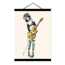 Load image into Gallery viewer, Vintage Retro Rock Roll Music Guitar Girl Wooden Framed Poster Living Room Wall Art Picture Bar Home Deco Canvas Painting Scroll
