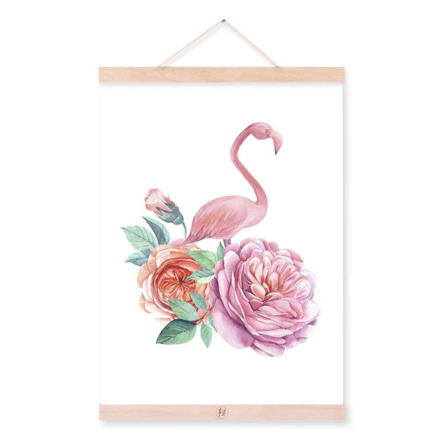 Watercolor Animal Flamingo Green Leaf Wooden Framed Poster Nordic Living Room Wall Art Print Picture Home Decor Canvas Painting