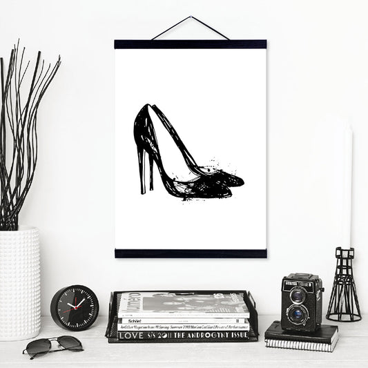 Black White High Heels Shoes Wooden Framed Canvas Paintings Nordic Girls Room Wall Art Pictures Home Decor Posters Hanger Scroll