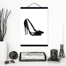 Load image into Gallery viewer, Black White High Heels Shoes Wooden Framed Canvas Paintings Nordic Girls Room Wall Art Pictures Home Decor Posters Hanger Scroll
