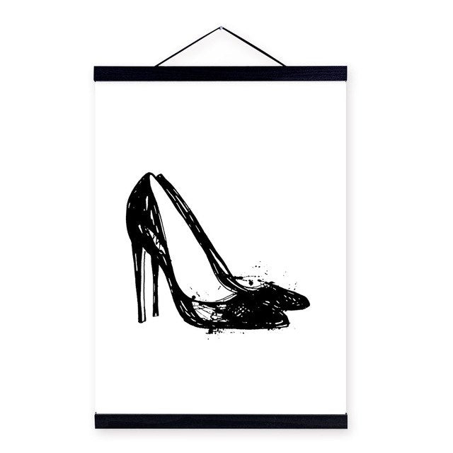 Black White High Heels Shoes Wooden Framed Canvas Paintings Nordic Girls Room Wall Art Pictures Home Decor Posters Hanger Scroll