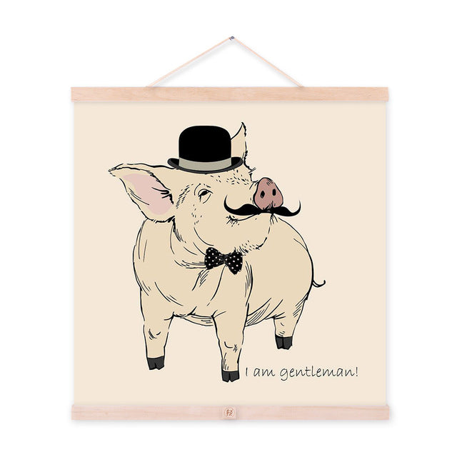 Gentleman Animal Pink Pig Couple Wooden Framed Hanger Art Print Posters Wall Pictures Weeding Decoration Canvas Paintings Scroll