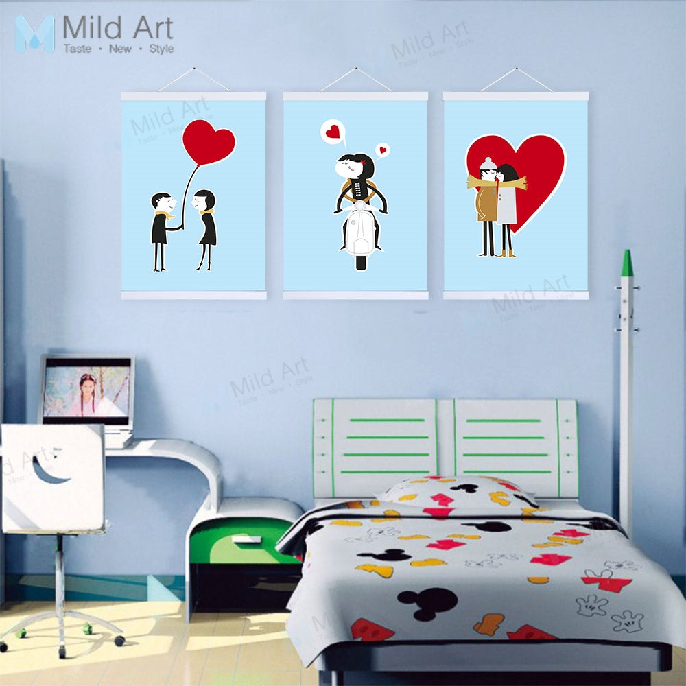 Modern Love Boy Girl Red Heart Kiss Wooden Framed Posters Bar Cafe Wall Art Pictures Wedding Decoration Canvas Paintings Scroll