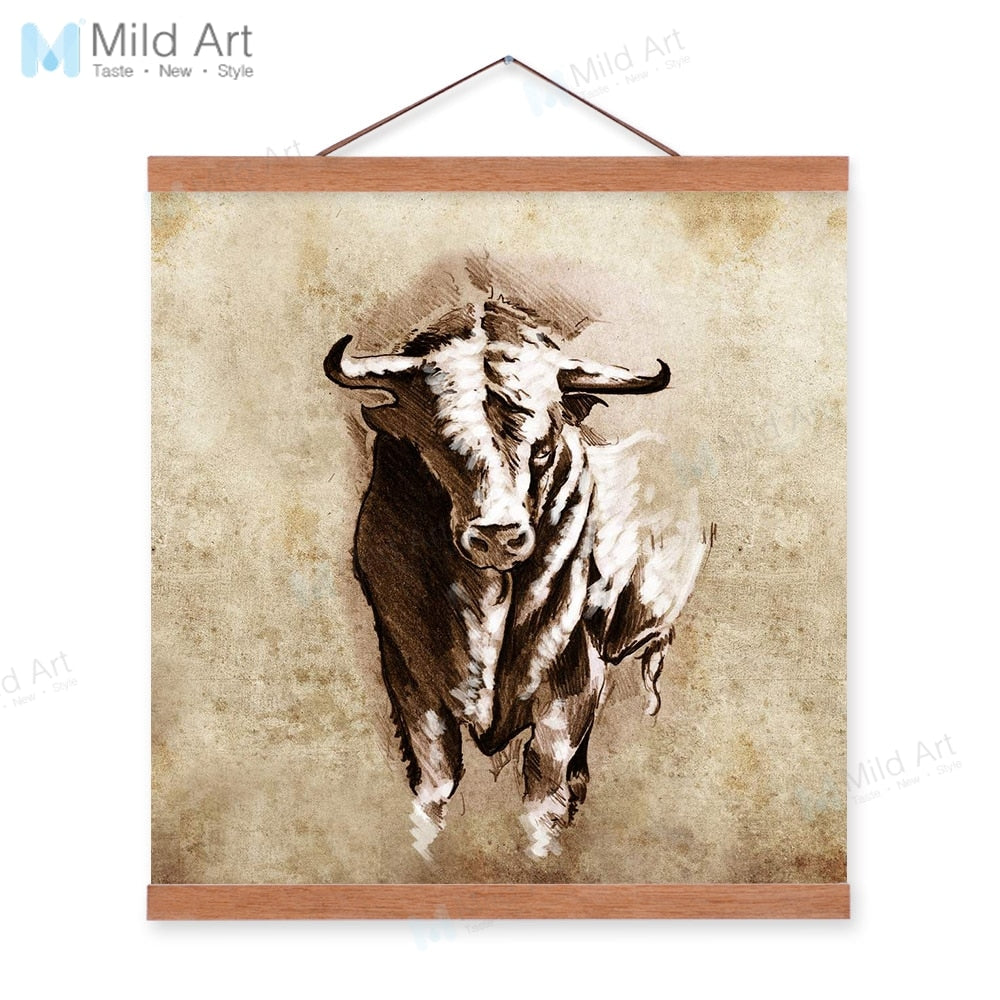 Vintage Retro Abstract Wild Animal Bull Wooden Framed Posters Room Wall Art Pictures Home Bar Decor Canvas Paintings Scroll