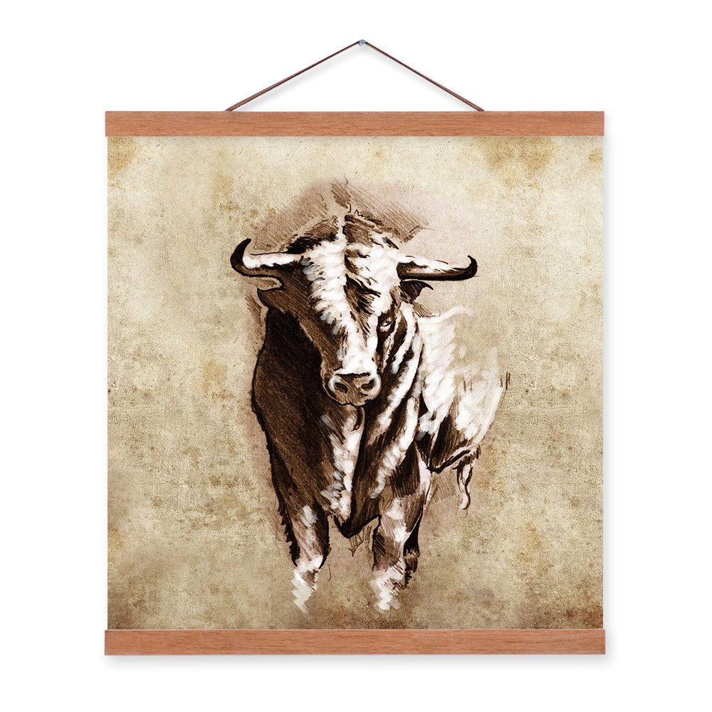 Vintage Retro Abstract Wild Animal Bull Wooden Framed Posters Room Wall Art Pictures Home Bar Decor Canvas Paintings Scroll