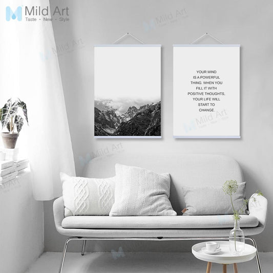 Minimalist Typography Quotes Mountain Landscape Wooden Framed Posters Nordic Wall Art Pictures Home Decor Canvas Painting Scroll
