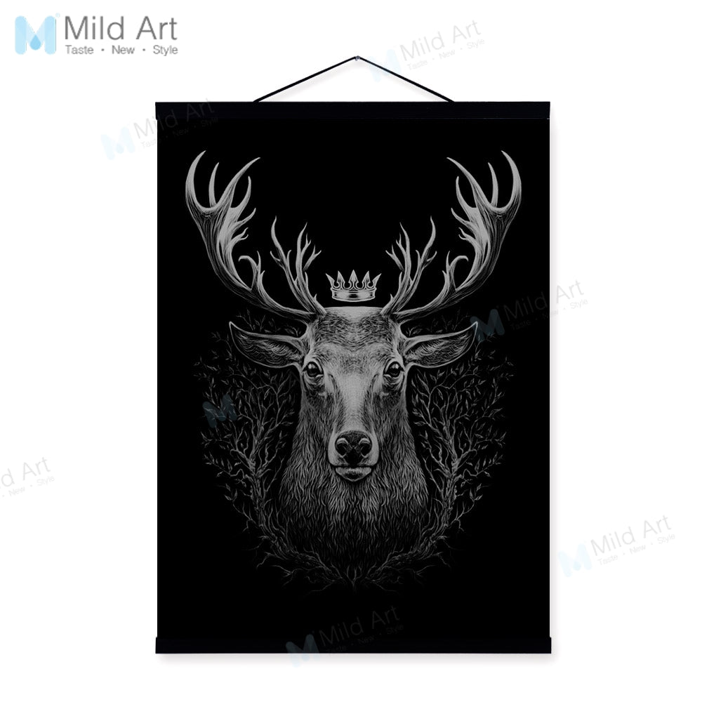 Minimalist Animals Black White Deer Wooden Framed Poster And Print Nordic Scroll Wall Art Pictures Home Decor Canvas Painting