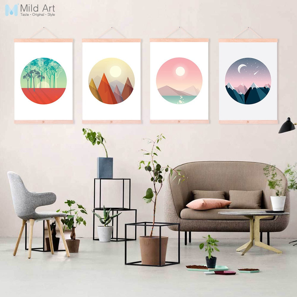 Natural Landscape Moonlight Mountain Tree Framed Canvas Paintings Modern Nordic Home Decor Wall Art Print Pictures Poster Scroll