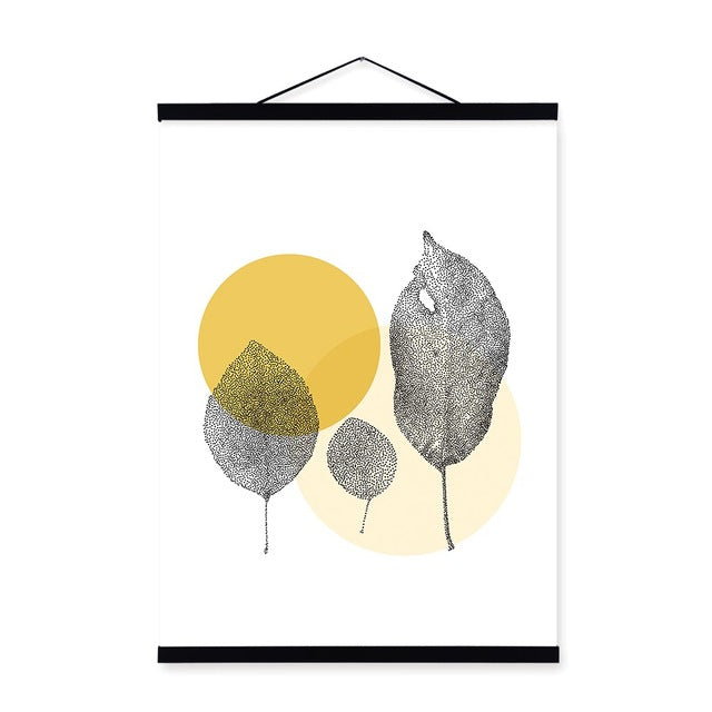 Modern Abstract Yellow Circle Transpar Leaf Nordic Wooden Framed Poster For Living Room Home Deco Canvas Painting Picture Scroll