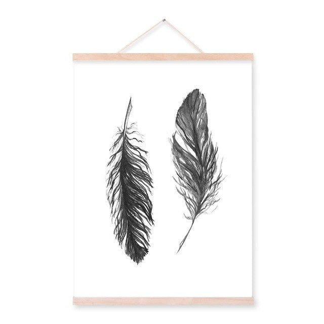 Minimalist Vintage Retro Feather Wooden Framed Poster Nordic Living Room Wall Art Print Picture Home Deco Canvas Painting Scroll