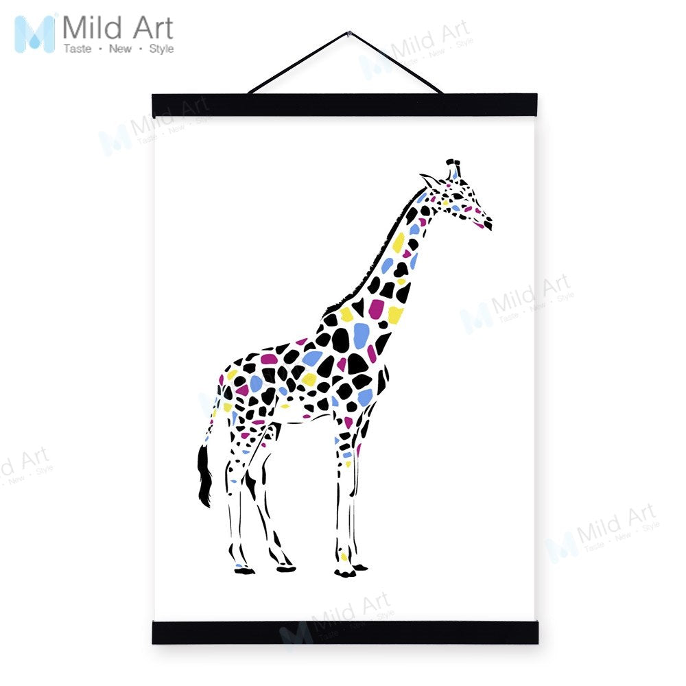Minimalist Colorful Animal Giraffe Wooden Framed Posters Nordic Living Room Wall Art Pictures Home Decor Canvas Paintings Scroll