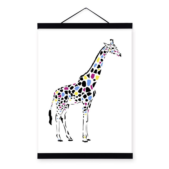 Minimalist Colorful Animal Giraffe Wooden Framed Posters Nordic Living Room Wall Art Pictures Home Decor Canvas Paintings Scroll