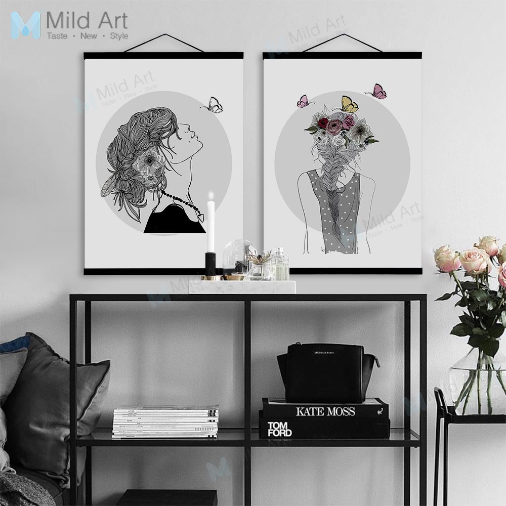 Black White Beautiful Flower Girl Figure Butterfly Wooden Framed Poster Nordic Wall Art Picture Home Deco Canvas Painting Scroll